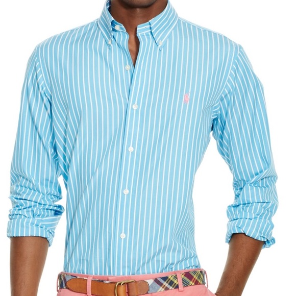 Polo Ralph Lauren Blue/Teal Striped Poplin Shirt - Picture 3 of 5